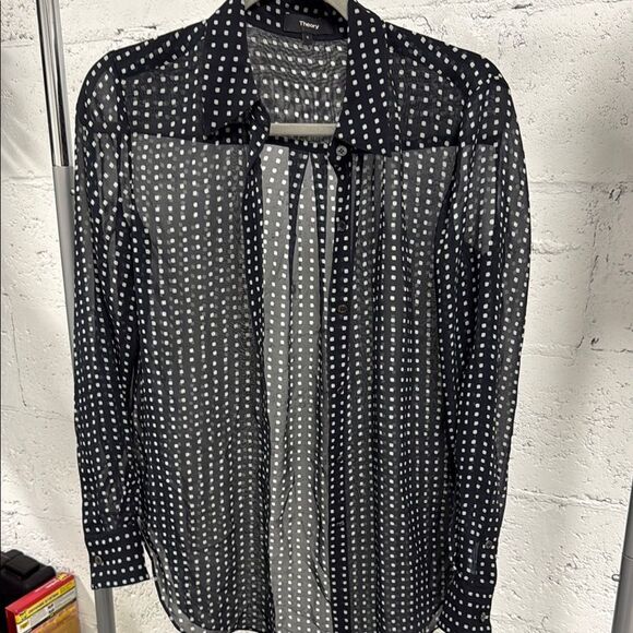 THEORY - Size Small Polka Dot Sheer Button Down - Black and White Sheer Blouse - Picture 1 of 6